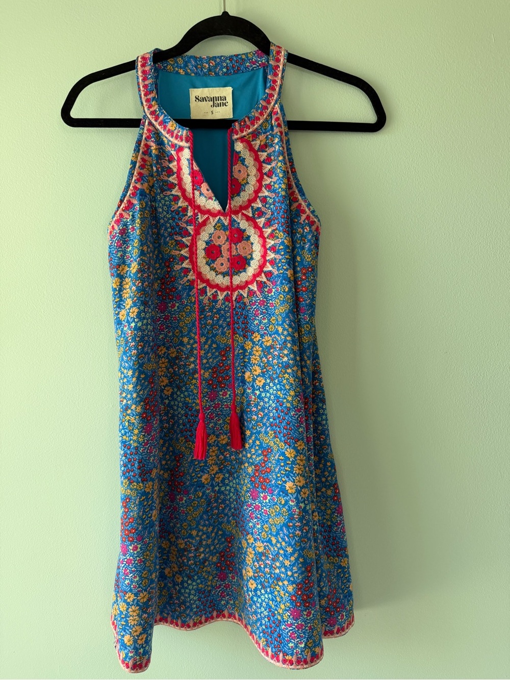Savanna Jane Blue Floral Halter Dress Embroidered Tassel Sz Small